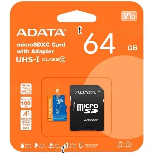 Carte Mémoire ADATA microSD C10 64GB + Adaptateur