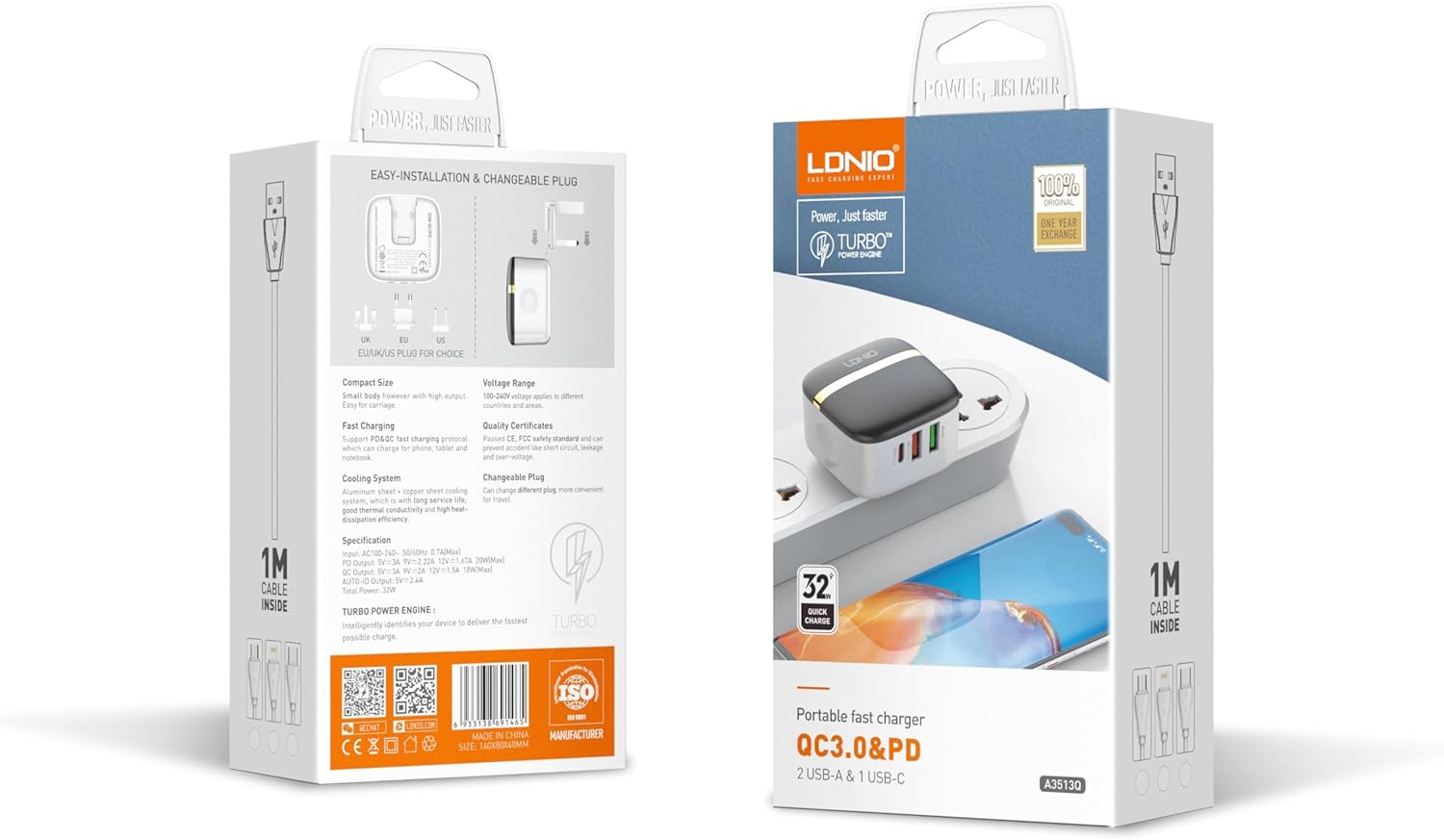 Chargeur Mobile LDNIO PD25W/CQ4 Type-C/Type-C A3513Q