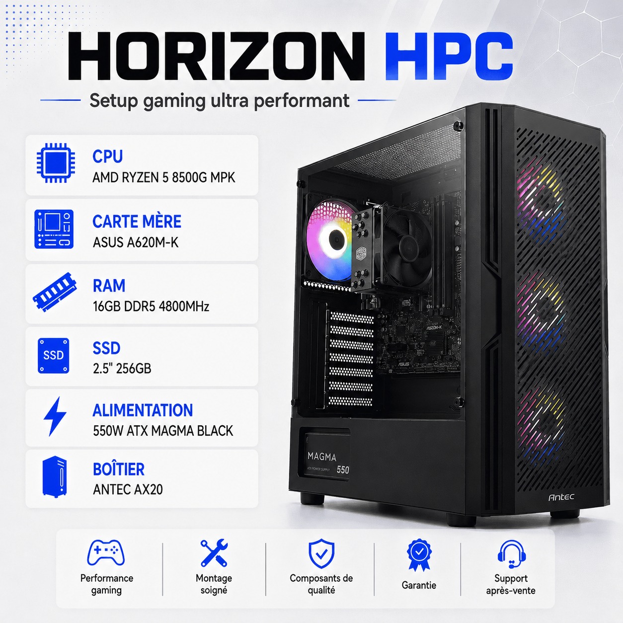 PC Gamer R5-8500G A620 16Go SSD256Go 550W